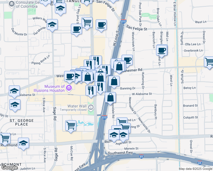 map of restaurants, bars, coffee shops, grocery stores, and more near 2900 West Loop South in Houston