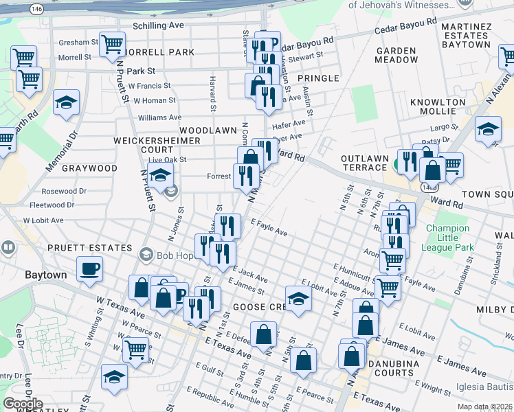 map of restaurants, bars, coffee shops, grocery stores, and more near 1018 North 1st Street in Baytown