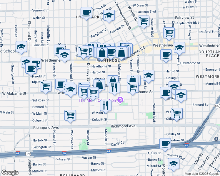 map of restaurants, bars, coffee shops, grocery stores, and more near 1531 Marshall Street in Houston
