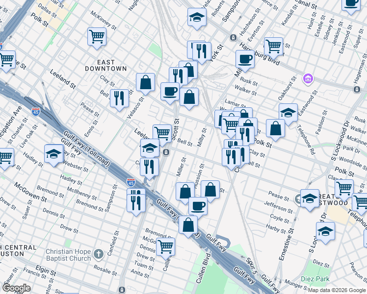 map of restaurants, bars, coffee shops, grocery stores, and more near 3719 Leeland Street in Houston