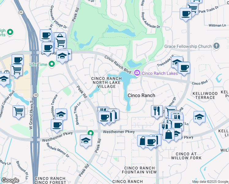 map of restaurants, bars, coffee shops, grocery stores, and more near 3302 Winding Lake Way in Katy