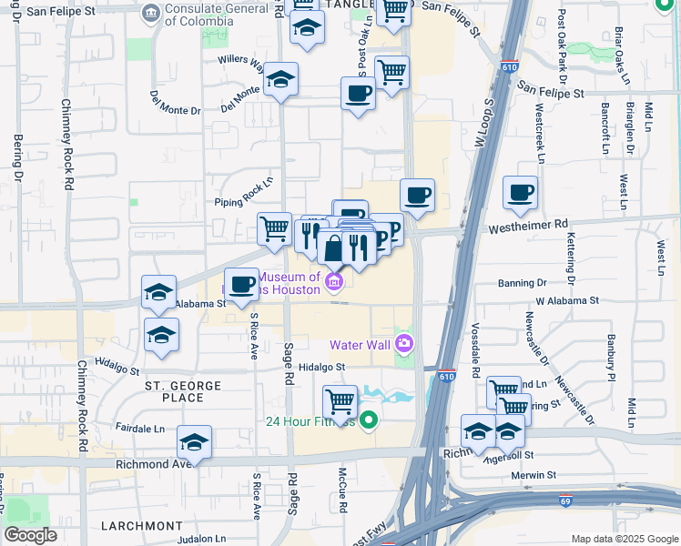 map of restaurants, bars, coffee shops, grocery stores, and more near 5058 Westheimer Road in Houston
