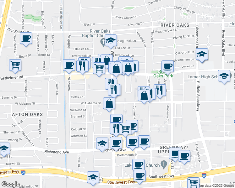 map of restaurants, bars, coffee shops, grocery stores, and more near 2731 Essex Terrace in Houston