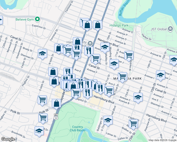 map of restaurants, bars, coffee shops, grocery stores, and more near 6911 Avenue E in Houston