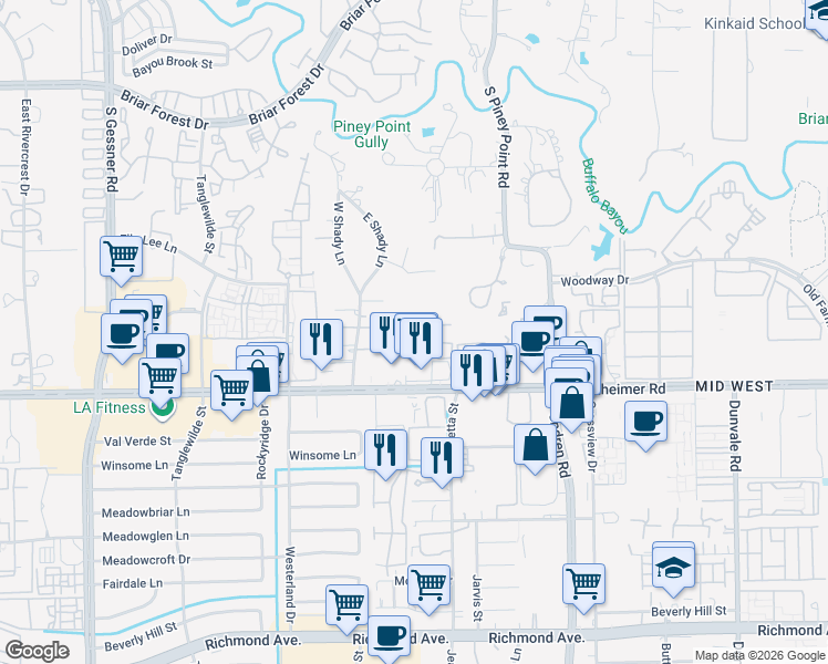 map of restaurants, bars, coffee shops, grocery stores, and more near 9200 Westheimer Road in Houston