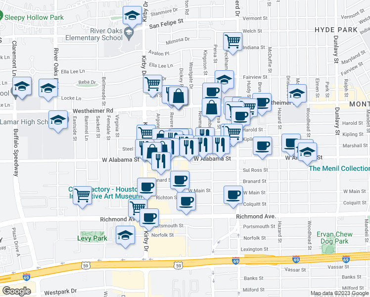 map of restaurants, bars, coffee shops, grocery stores, and more near 2305 Steel Street in Houston
