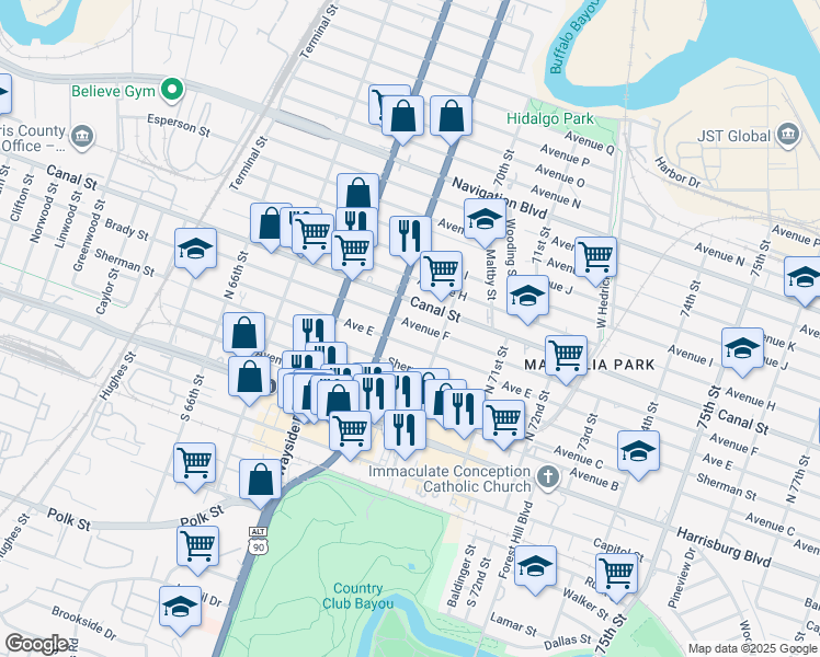 map of restaurants, bars, coffee shops, grocery stores, and more near 6911 Avenue E in Houston