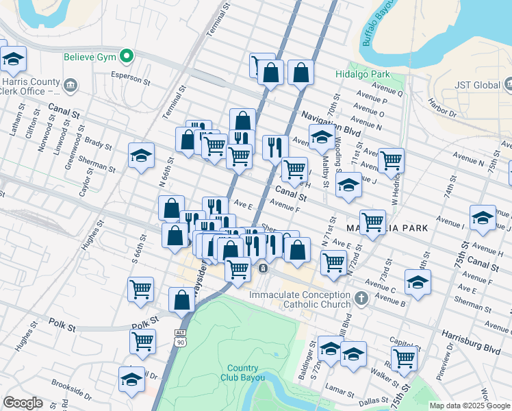 map of restaurants, bars, coffee shops, grocery stores, and more near 6830 Avenue E in Houston