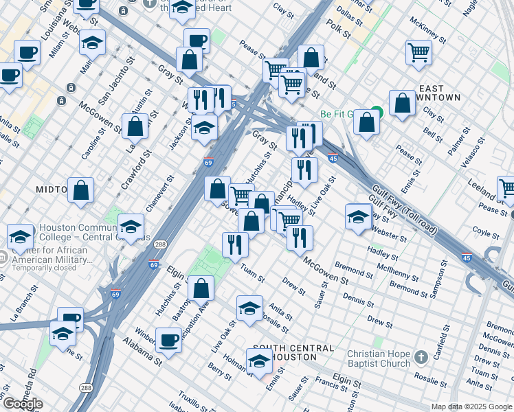 map of restaurants, bars, coffee shops, grocery stores, and more near 2415 Bastrop Street in Houston