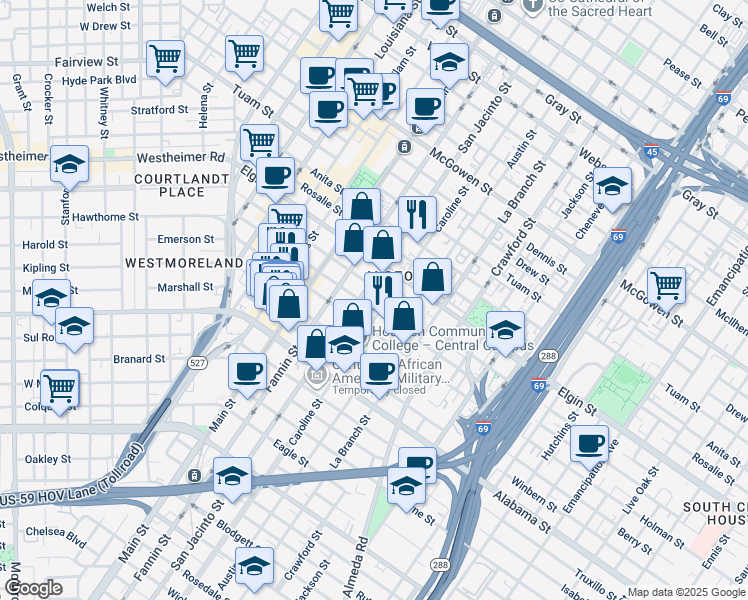map of restaurants, bars, coffee shops, grocery stores, and more near 1215 Holman Street in Houston