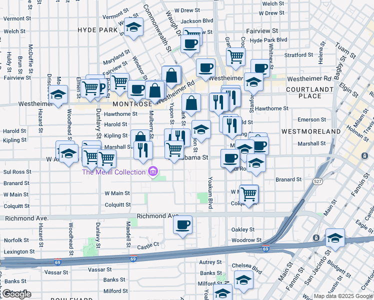 map of restaurants, bars, coffee shops, grocery stores, and more near 3716 Mount Vernon Street in Houston