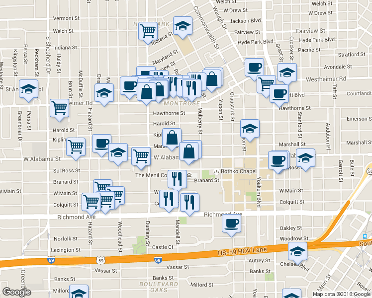map of restaurants, bars, coffee shops, grocery stores, and more near 1516 West Alabama Street in Houston