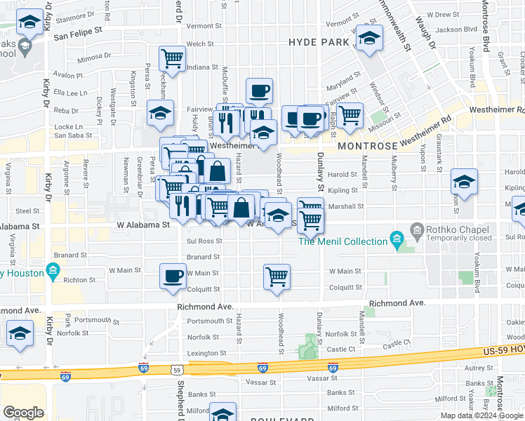 map of restaurants, bars, coffee shops, grocery stores, and more near 1830 West Alabama Street in Houston