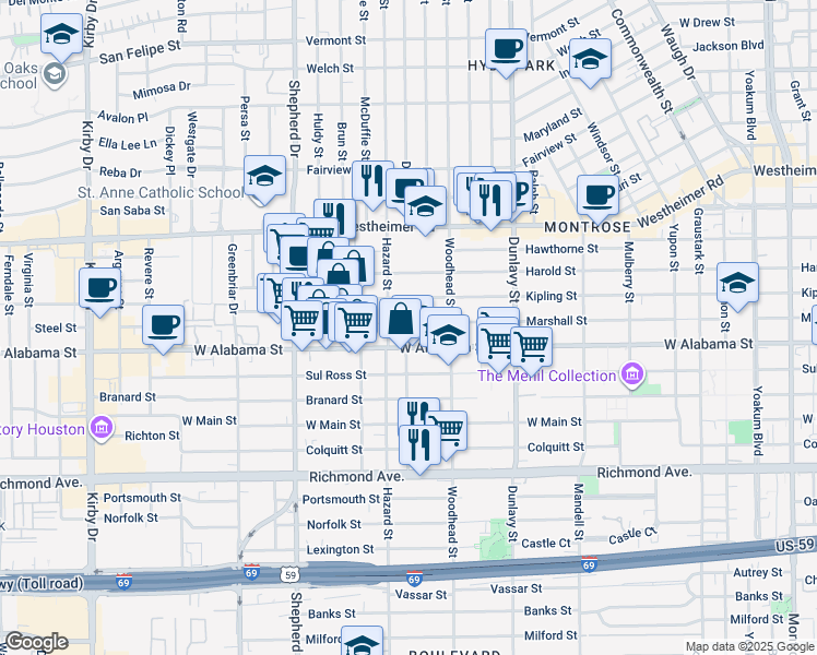 map of restaurants, bars, coffee shops, grocery stores, and more near 1830 West Alabama Street in Houston