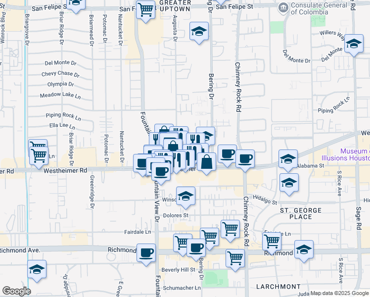 map of restaurants, bars, coffee shops, grocery stores, and more near 2611 Augusta Drive in Houston