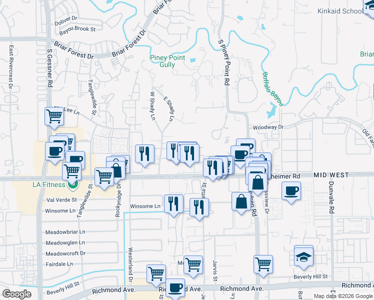 map of restaurants, bars, coffee shops, grocery stores, and more near 9200 Westheimer Road in Houston