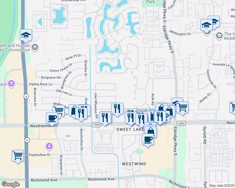 map of restaurants, bars, coffee shops, grocery stores, and more near 13703 Overbrook Lane in Houston