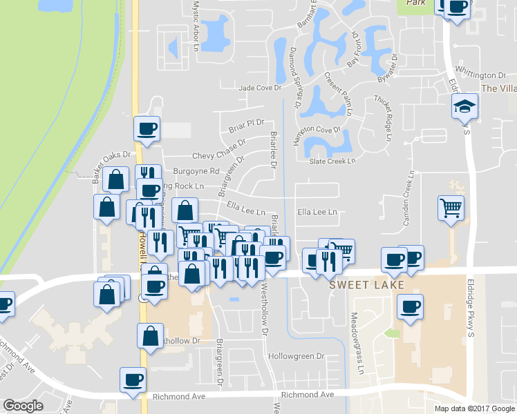 map of restaurants, bars, coffee shops, grocery stores, and more near 13927 Ella Lee Lane in Houston