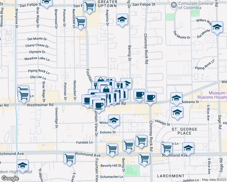 map of restaurants, bars, coffee shops, grocery stores, and more near 2603 Augusta Drive in Houston