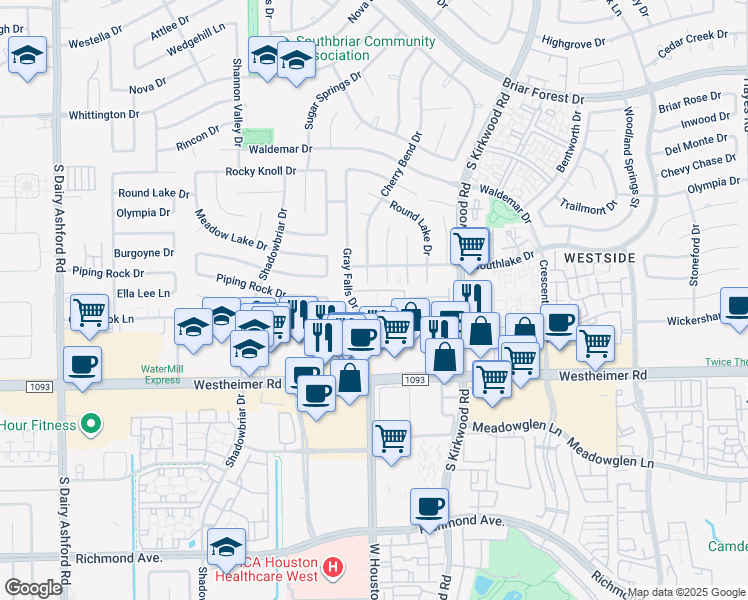 map of restaurants, bars, coffee shops, grocery stores, and more near 2475 Gray Falls Drive in Houston