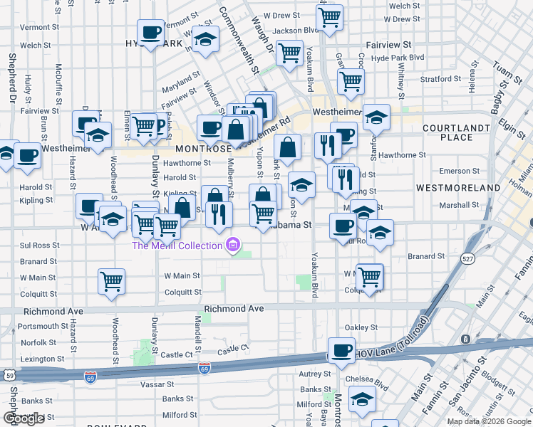 map of restaurants, bars, coffee shops, grocery stores, and more near 1320 West Alabama Street in Houston