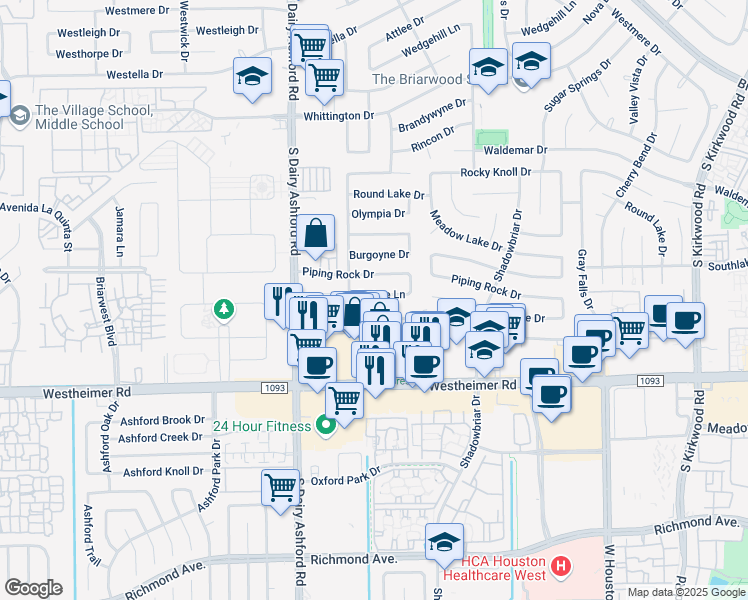map of restaurants, bars, coffee shops, grocery stores, and more near 12515 Ella Lee Lane in Houston