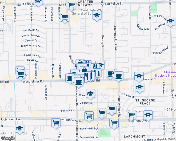map of restaurants, bars, coffee shops, grocery stores, and more near 2603 Augusta Drive in Houston