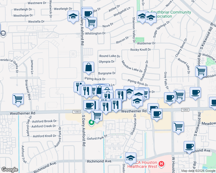 map of restaurants, bars, coffee shops, grocery stores, and more near 12515 Ella Lee Lane in Houston