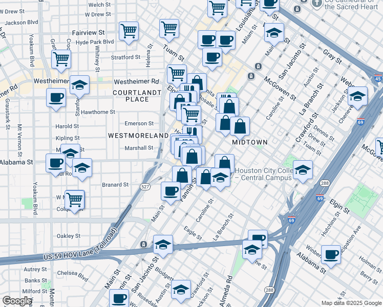 map of restaurants, bars, coffee shops, grocery stores, and more near 3550 Main Street in Houston
