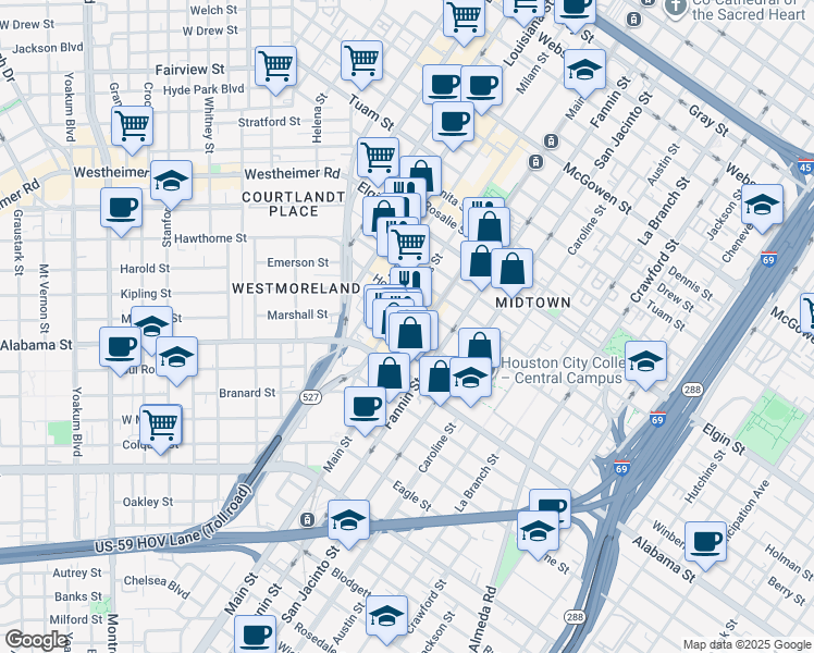 map of restaurants, bars, coffee shops, grocery stores, and more near in Houston