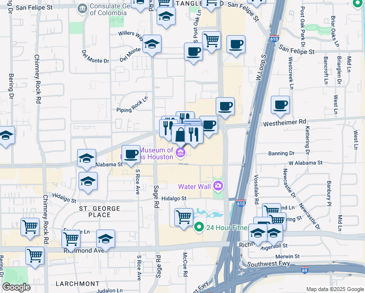 map of restaurants, bars, coffee shops, grocery stores, and more near 5058 Westheimer Road in Houston