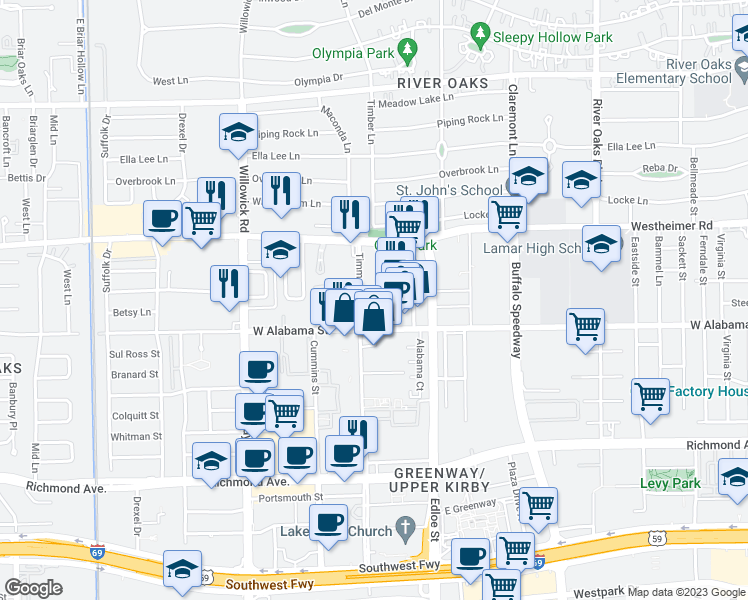 map of restaurants, bars, coffee shops, grocery stores, and more near 2912 Saint Street in Houston