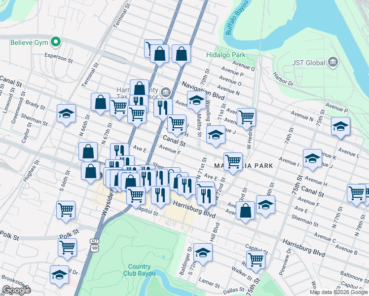 map of restaurants, bars, coffee shops, grocery stores, and more near 6944 Avenue F in Houston