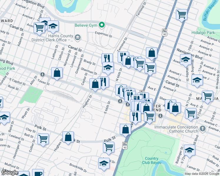 map of restaurants, bars, coffee shops, grocery stores, and more near 201 South 66th Street in Houston