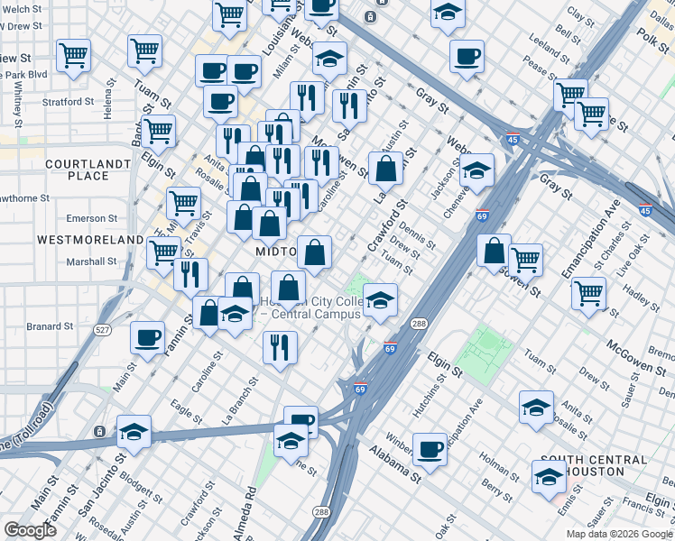 map of restaurants, bars, coffee shops, grocery stores, and more near 1514 Rosalie Street in Houston