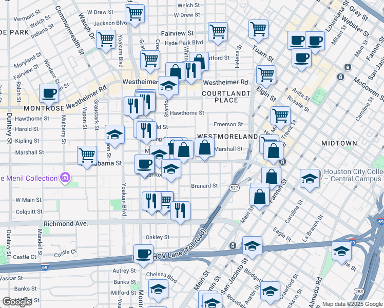 map of restaurants, bars, coffee shops, grocery stores, and more near 602 West Alabama Street in Houston