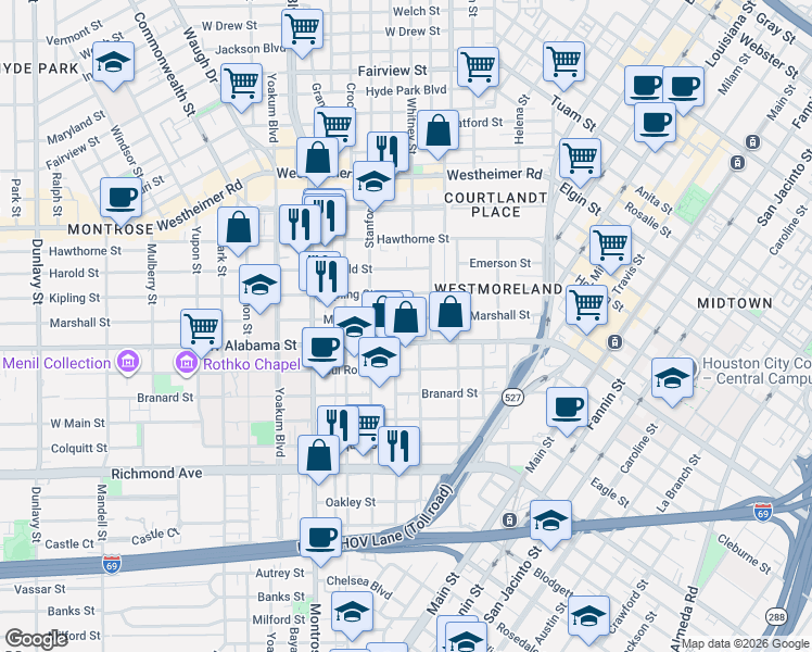 map of restaurants, bars, coffee shops, grocery stores, and more near 636 West Alabama Street in Houston