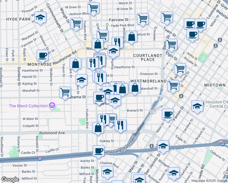 map of restaurants, bars, coffee shops, grocery stores, and more near 636 West Alabama Street in Houston