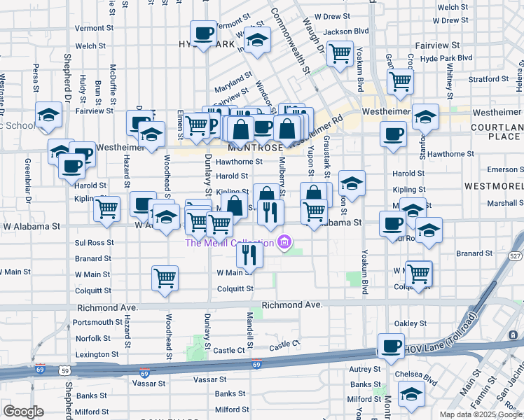 map of restaurants, bars, coffee shops, grocery stores, and more near 1516 West Alabama Street in Houston