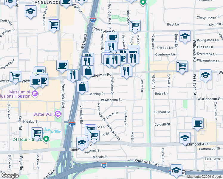 map of restaurants, bars, coffee shops, grocery stores, and more near 4610 Banning Drive in Houston