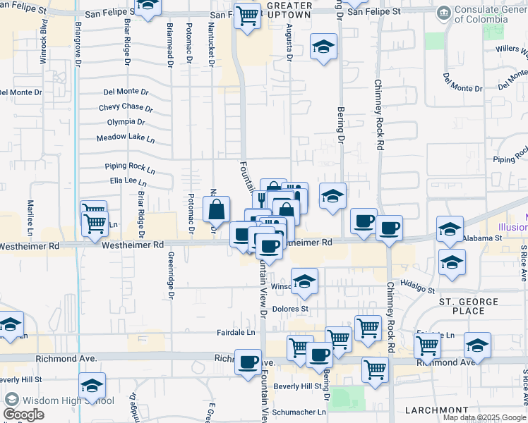 map of restaurants, bars, coffee shops, grocery stores, and more near 2425 Fountain View Drive in Houston