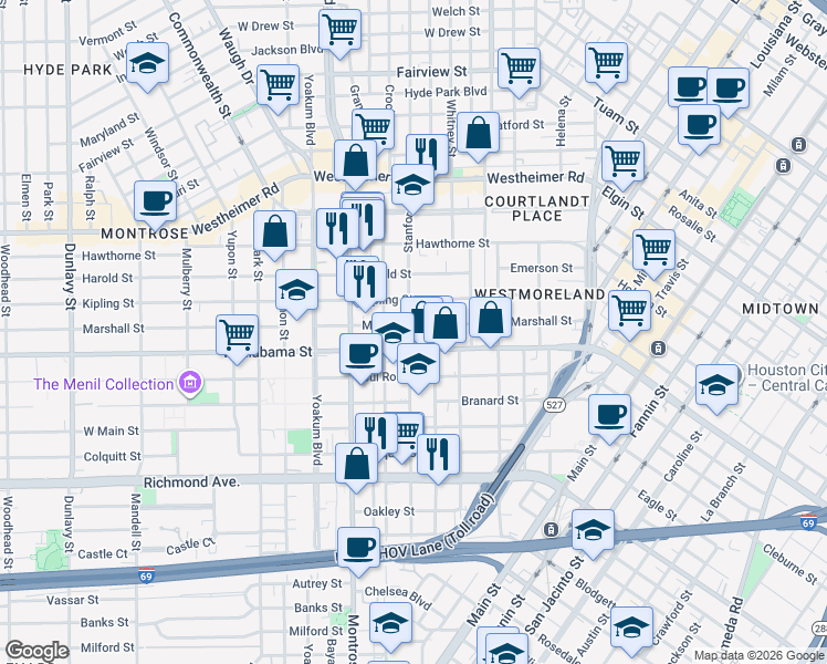 map of restaurants, bars, coffee shops, grocery stores, and more near 636 West Alabama Street in Houston