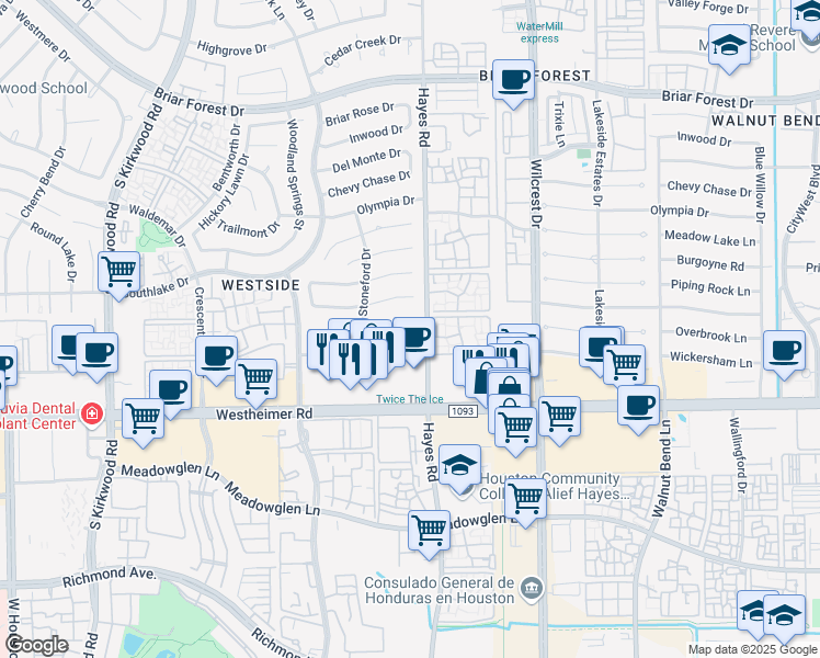 map of restaurants, bars, coffee shops, grocery stores, and more near 11311 Overbrook Lane in Houston