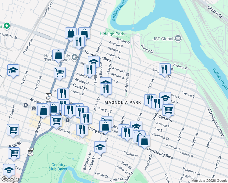 map of restaurants, bars, coffee shops, grocery stores, and more near 7137 Avenue H in Houston