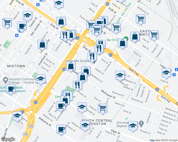 map of restaurants, bars, coffee shops, grocery stores, and more near 2320 Dowling Street in Houston