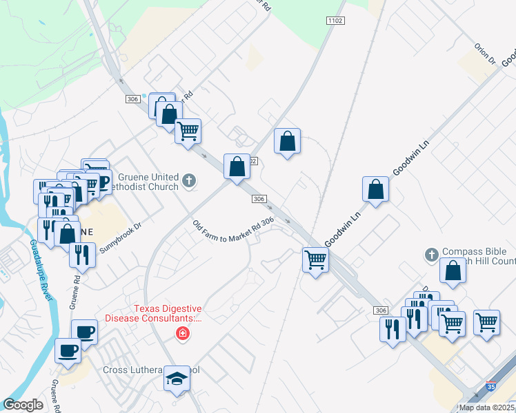 map of restaurants, bars, coffee shops, grocery stores, and more near 821 Farm to Market Road 306 in New Braunfels