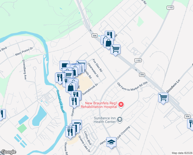 map of restaurants, bars, coffee shops, grocery stores, and more near 1807 Sunnybrook Drive in New Braunfels