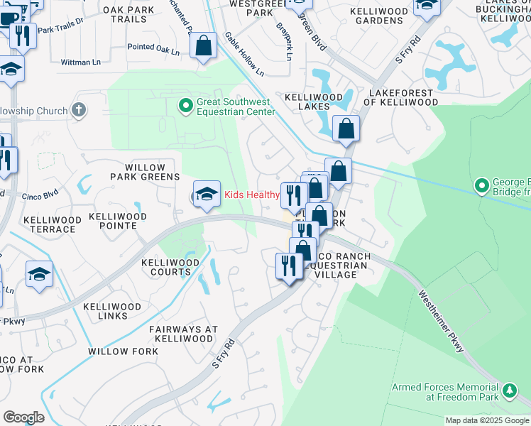 map of restaurants, bars, coffee shops, grocery stores, and more near 20815 Surrey Creek Court in Katy