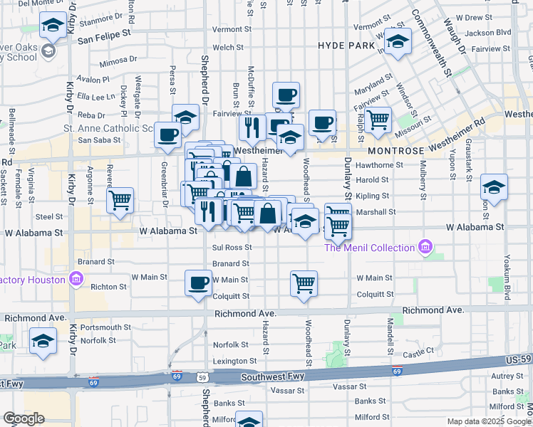 map of restaurants, bars, coffee shops, grocery stores, and more near Hazard St & Marshall St in Houston