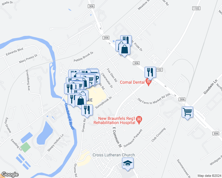 map of restaurants, bars, coffee shops, grocery stores, and more near 1211 Clearwater Drive in New Braunfels